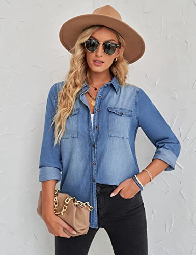 Vetinee Women's Dark Blue Button Down Denim Shirt Collared Classical Casual Vintage Retro Long Sleeve Pockets Tunic Fall Tops Blouse Size XX-Large - Image 3