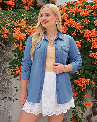 Vetinee Women's Dark Blue Button Down Denim Shirt Collared Classical Casual Vintage Retro Long Sleeve Pockets Tunic Fall Tops Blouse Size XX-Large - Image 4