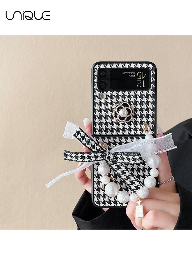 Unique For Galaxy Z Flip 3 Case, Black & White Houndstooth Case, Black Camellia Phone Case, Portable Pearl Chain - Stylish Simple Phone Case Girl Ladies - Black - Image 1