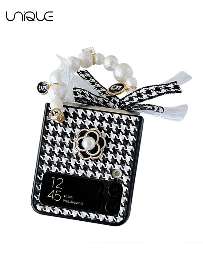 Unique For Galaxy Z Flip 3 Case, Black & White Houndstooth Case, Black Camellia Phone Case, Portable Pearl Chain - Stylish Simple Phone Case Girl Ladies - Black - Image 2