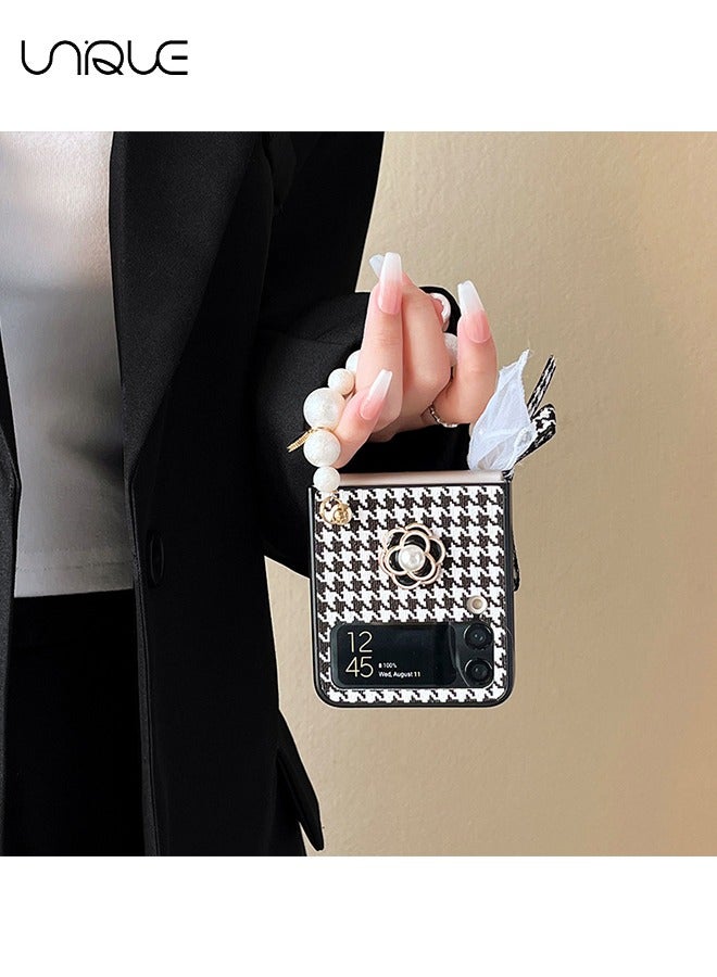 Unique For Galaxy Z Flip 3 Case, Black & White Houndstooth Case, Black Camellia Phone Case, Portable Pearl Chain - Stylish Simple Phone Case Girl Ladies - Black - Image 5