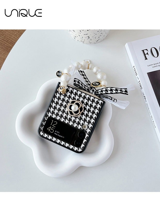 Unique For Galaxy Z Flip 3 Case, Black & White Houndstooth Case, Black Camellia Phone Case, Portable Pearl Chain - Stylish Simple Phone Case Girl Ladies - Black - Image 4