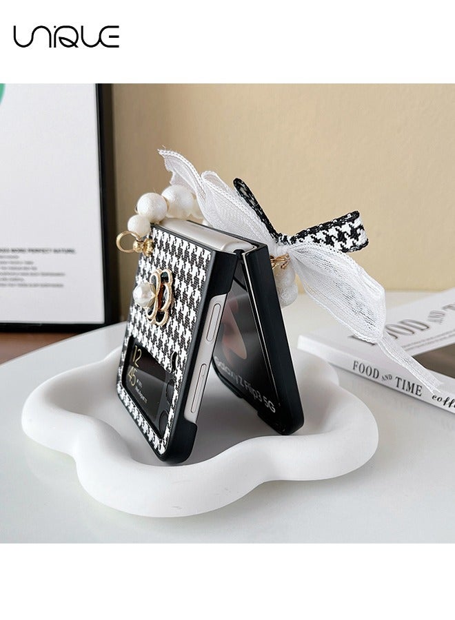 Unique For Galaxy Z Flip 3 Case, Black & White Houndstooth Case, Black Camellia Phone Case, Portable Pearl Chain - Stylish Simple Phone Case Girl Ladies - Black - Image 3