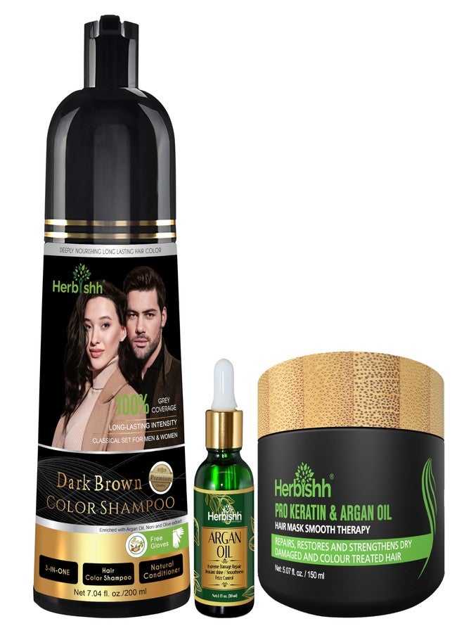 Herbishh Hair Color Shampoo Dark Brown Combo | 200 ml Dye Shampoo + Argan Oil & Argan Hair Mask for Dry & Frizzy Hair - Image 1