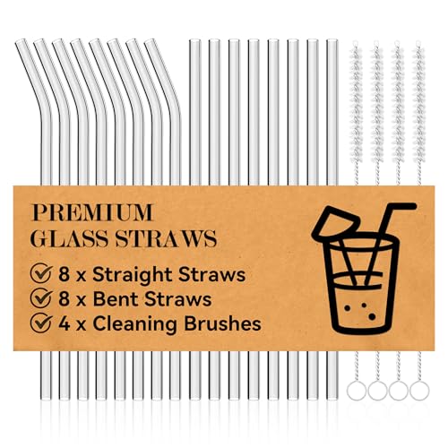 Foogwee® 20 Packs Reusable Glass Straws Set, 8.5'' x 10mm Clear Drinking Straws for Smoothies, Shakes, Coffee, Juice, Sodas, Milk, Tea, Cocktails, Set of 8 Straight and 8 Bent with 4 Cleaning Brushes - Image 1