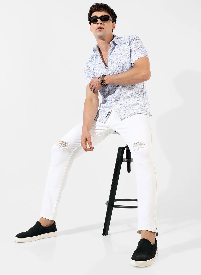 Campus Sutra Men's White Textured Regular Fit Casual Shirt