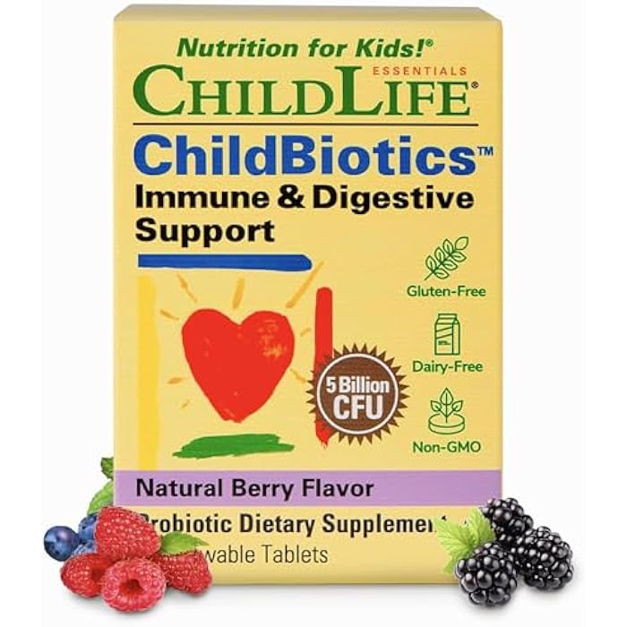 CHILDLIFE ESSENTIALS ChildBiotics Immune & Digestive Support - Kids Probiotic, Contains Live Probiotics, Good for Digestion & Immune Support, Allergen-Free, Non-GMO - Natural Berry Flavor, 30 Tablets - Image 1