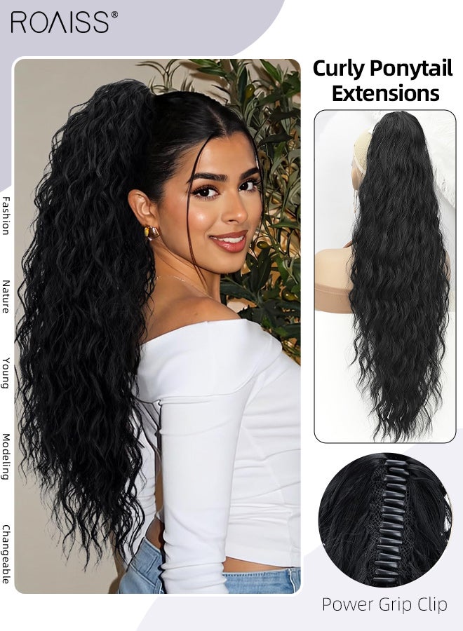 roaiss 30 Inch Ponytail Extension Synthetic Curly Pony Tail for Daily Party Use Long Curly Wavy Hair Ponytail Extension Claw Jaw Clip Natural Ponytail Wig with Drawstring for Women - Image 1
