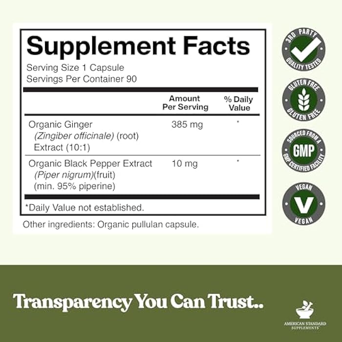 American Standard Supplements Organic Ginger Extract with Organic Black Pepper Extract, Vegan, Gluten Free, Non-GMO, 90 Capsules, 90 Servings - Image 2