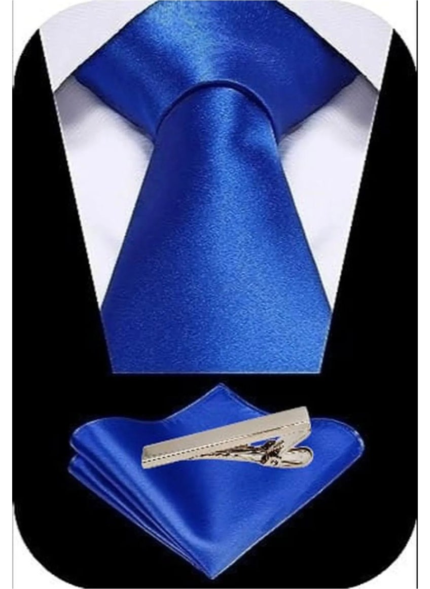 Tezzgelsin Men's Satin Tie Handkerchief and Silver Steel Tie Clip Set  - Image 2
