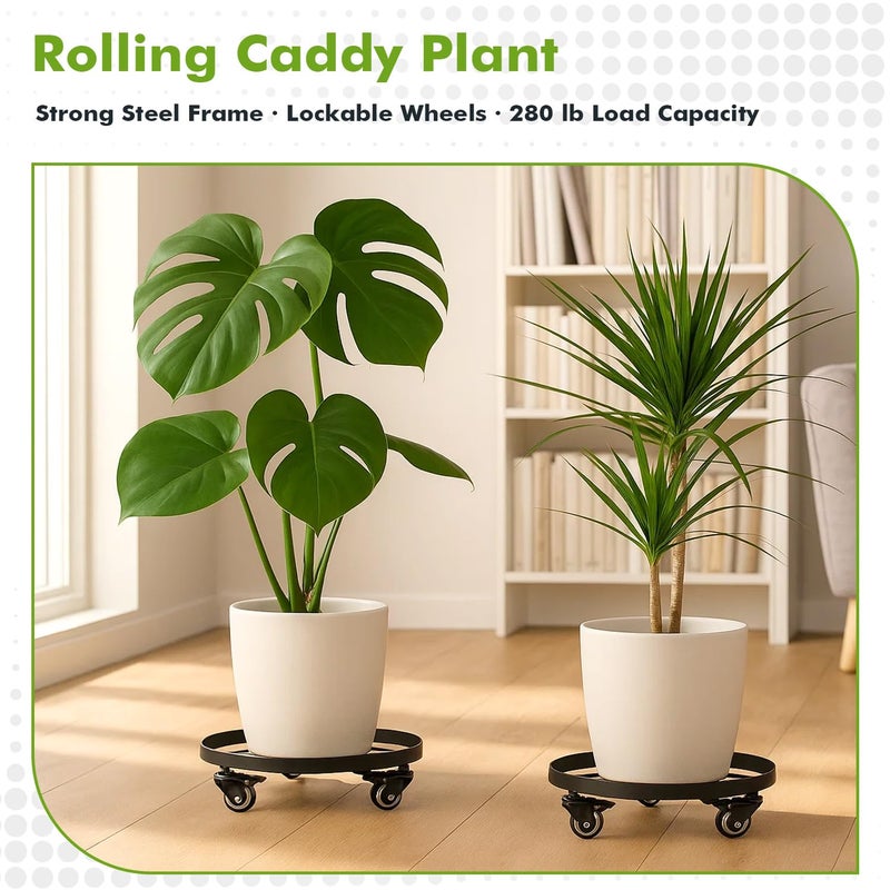 Planterhoma 3 Packs Metal Plant Caddy 10.6 Inches Plant Dolly Coasters with Wheels Heavy Duty Rolling Plant Stand with Casters for Indoor Outdoor Flower Pot Mover Rollers Black, Plastic Saucers Included - Image 5