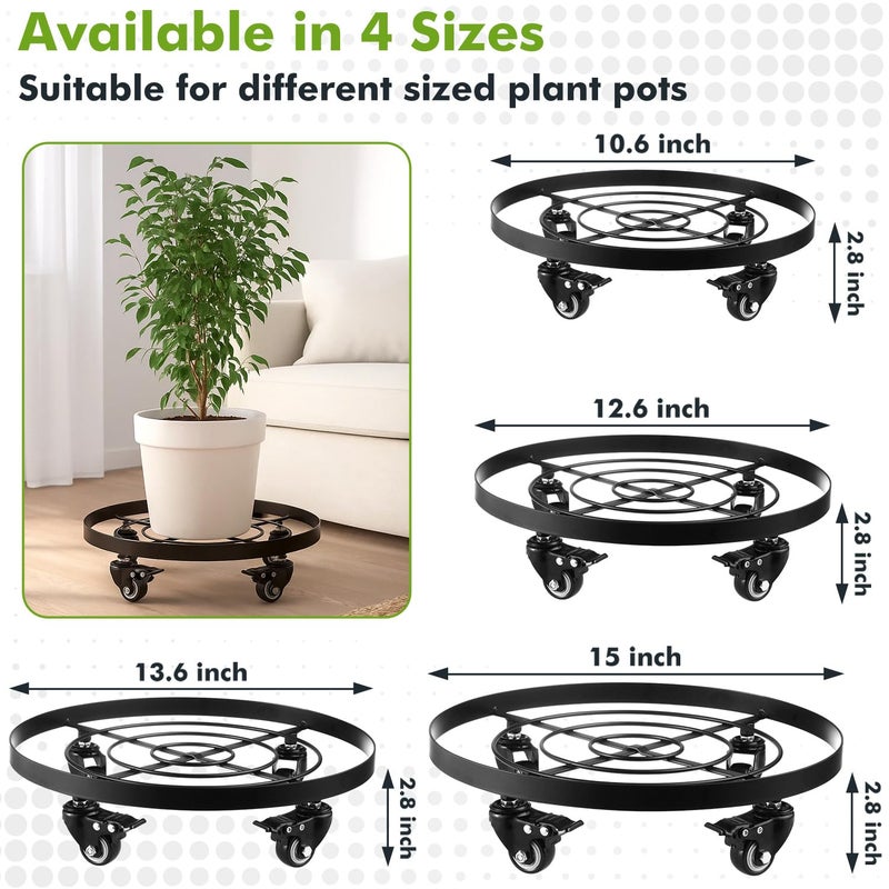 Planterhoma 3 Packs Metal Plant Caddy 10.6 Inches Plant Dolly Coasters with Wheels Heavy Duty Rolling Plant Stand with Casters for Indoor Outdoor Flower Pot Mover Rollers Black, Plastic Saucers Included - Image 3