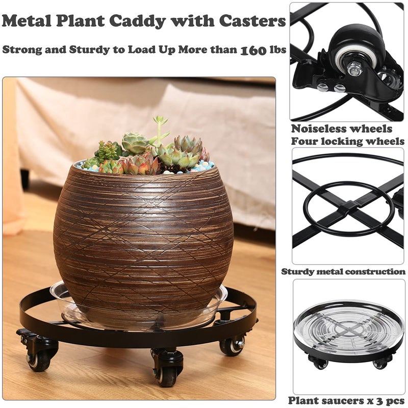 Planterhoma 3 Packs Metal Plant Caddy 10.6 Inches Plant Dolly Coasters with Wheels Heavy Duty Rolling Plant Stand with Casters for Indoor Outdoor Flower Pot Mover Rollers Black, Plastic Saucers Included - Image 2