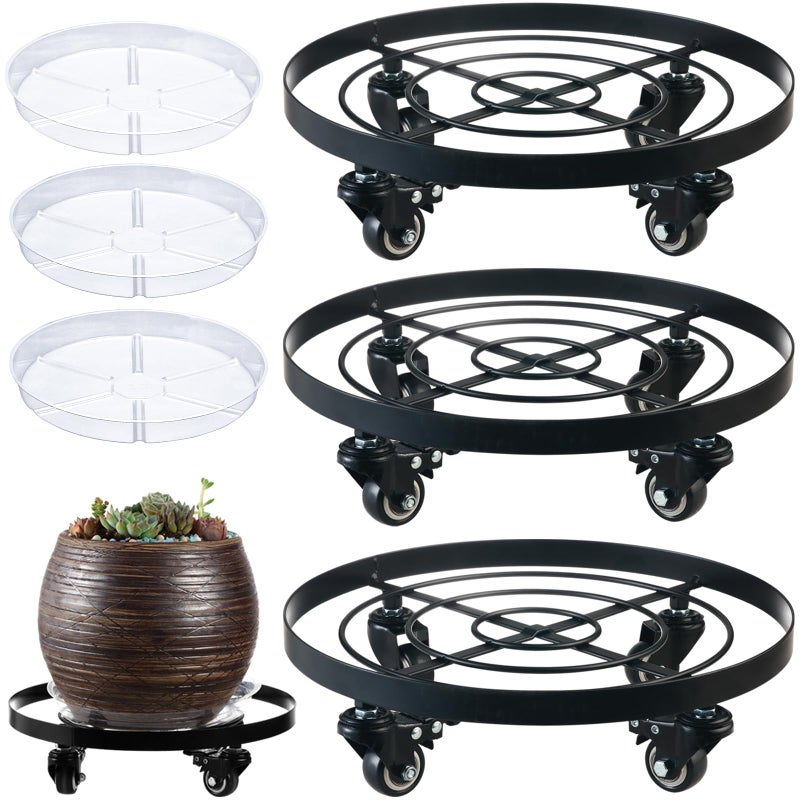 Planterhoma 3 Packs Metal Plant Caddy 10.6 Inches Plant Dolly Coasters with Wheels Heavy Duty Rolling Plant Stand with Casters for Indoor Outdoor Flower Pot Mover Rollers Black, Plastic Saucers Included - Image 1