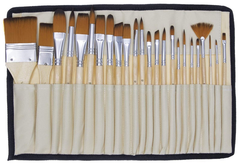 Jerry Q Art Jerry Q Art 24 Pcs Artist Paint Brush Set with Free Carry Pouch for Watercolor Acrylic Oil and All Media Suitable for Canvas Paper Ceramic Golden Nylon Hair Wood Handles JQB24 