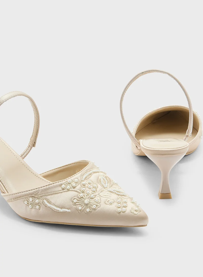 Ella Limited Edition Floral Embroidered Pearl Detail Pointy Backstrappump