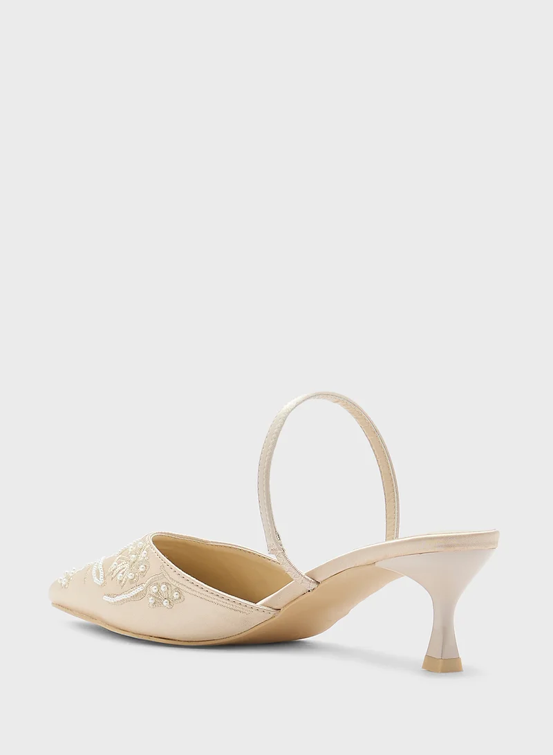 Ella Limited Edition Floral Embroidered Pearl Detail Pointy Backstrappump
