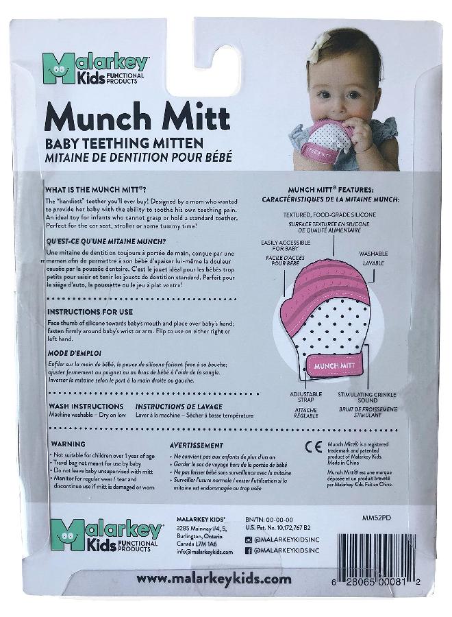Malarkey Kids Baby Teething Mitten, Munch Mitt Baby Chew Toy - Protects Hands from Chewing & Saliva, Heals Aching Gums, Promotes Sound & Visual Stimulation(Pink Polka Dots)