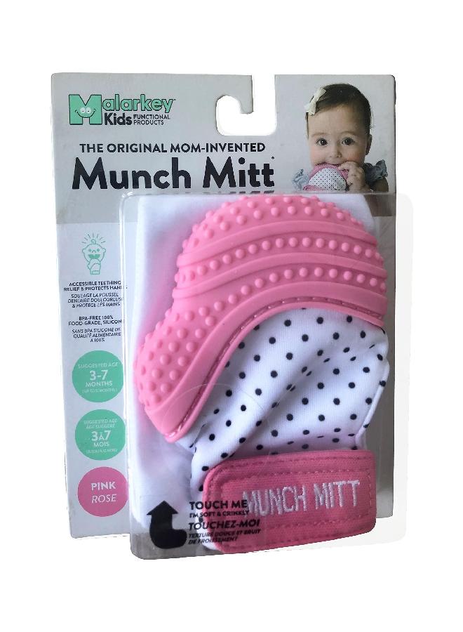 Malarkey Kids Baby Teething Mitten, Munch Mitt Baby Chew Toy - Protects Hands from Chewing & Saliva, Heals Aching Gums, Promotes Sound & Visual Stimulation(Pink Polka Dots)