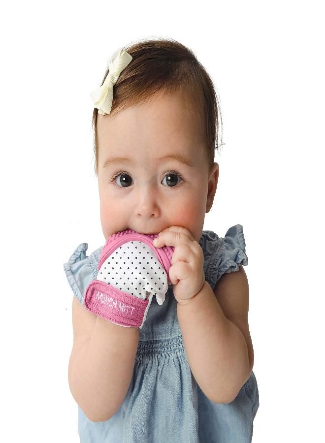 Malarkey Kids Baby Teething Mitten, Munch Mitt Baby Chew Toy - Protects Hands from Chewing & Saliva, Heals Aching Gums, Promotes Sound & Visual Stimulation(Pink Polka Dots)