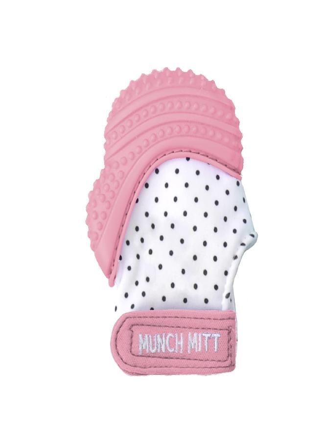 Malarkey Kids Baby Teething Mitten, Munch Mitt Baby Chew Toy - Protects Hands from Chewing & Saliva, Heals Aching Gums, Promotes Sound & Visual Stimulation(Pink Polka Dots)