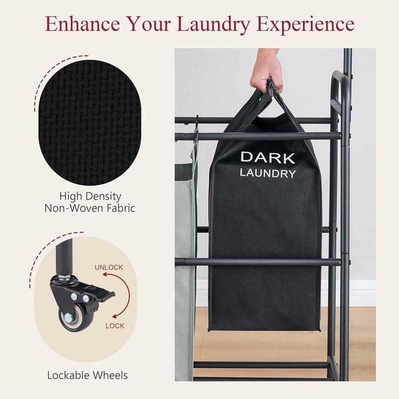 Tajsoon Laundry Sorter Cart with Hanging Clothes Rack, 3 Butler Sorter Basket Organizer, Laundry Hamper Cart with Heavy Duty Rolling Lockable Wheels, 3 Colors - Image 5
