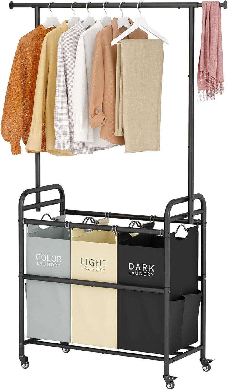 Tajsoon Laundry Sorter Cart with Hanging Clothes Rack, 3 Butler Sorter Basket Organizer, Laundry Hamper Cart with Heavy Duty Rolling Lockable Wheels, 3 Colors - Image 1