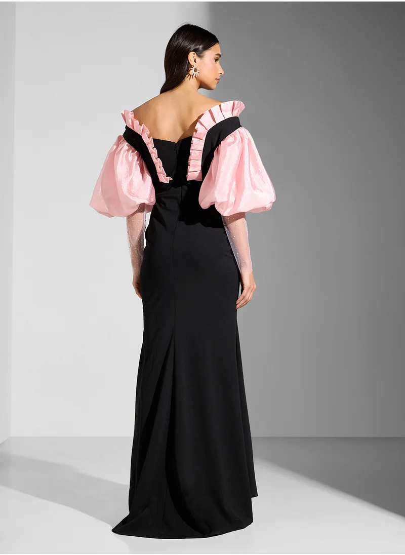 Namshi x Mermaid Cut Dress With Exaggerated Puff Sleeve