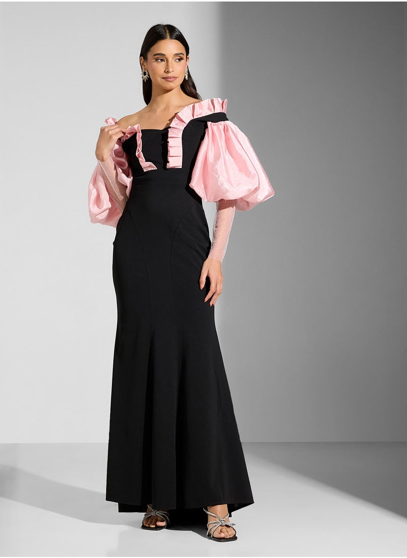 Namshi x Mermaid Cut Dress With Exaggerated Puff Sleeve  - Image 5