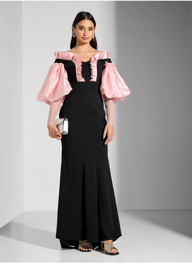 Namshi x Mermaid Cut Dress With Exaggerated Puff Sleeve