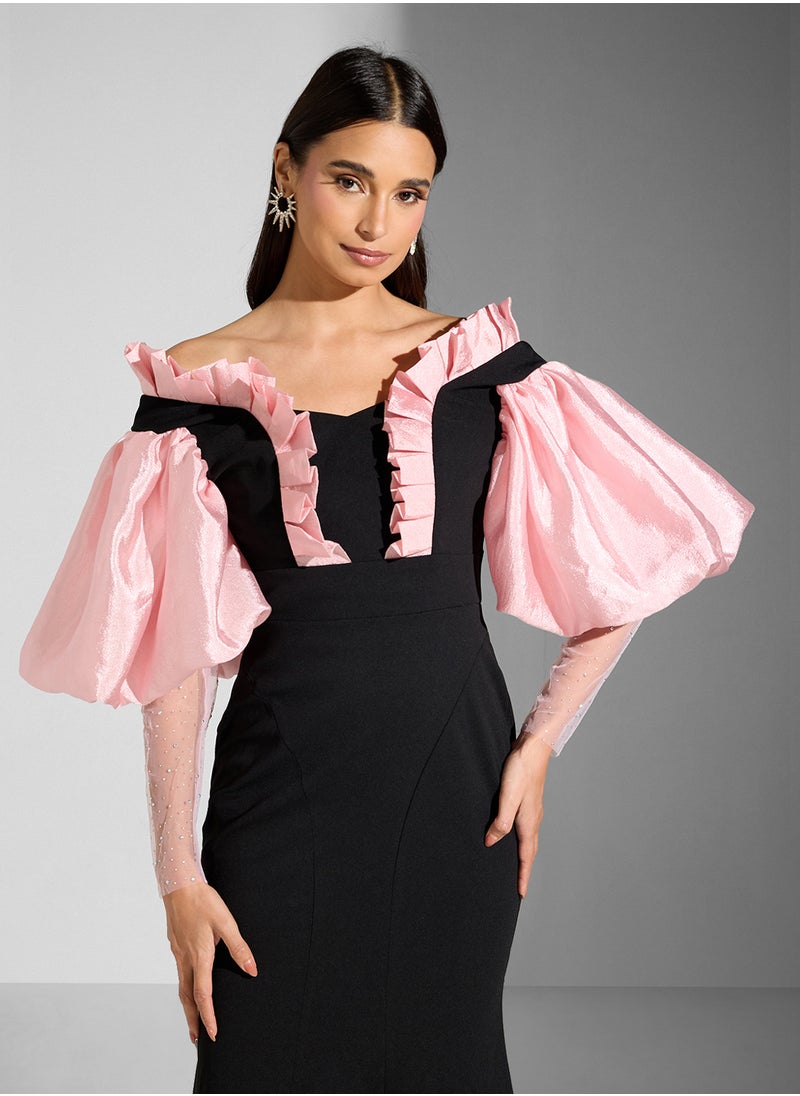 Namshi x Mermaid Cut Dress With Exaggerated Puff Sleeve  - Image 3