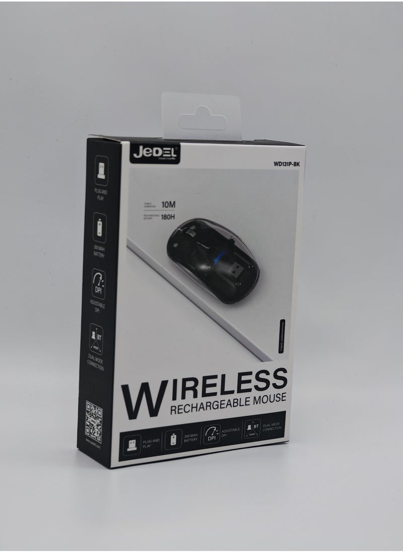 WD131P-BK Wireless Bluetooth Gaming Mouse for Windows, Mac, IOS, Android, Slim Transparent Dual Mode (Bluetooth 5.1 + USB 2.4Ghz) Mouse with USB Receiver, 800/1200/1600 DPI, Black