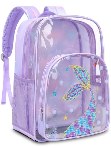 BLUEFAIRY Clear Backpack for Girls School Book Bag Stadium Approved Heavy Duty PVC See Through Bag Large Transparent Bookbag for Kids Travel Work Events Mochilas Escolares para Nias Tail Purple - Image 1