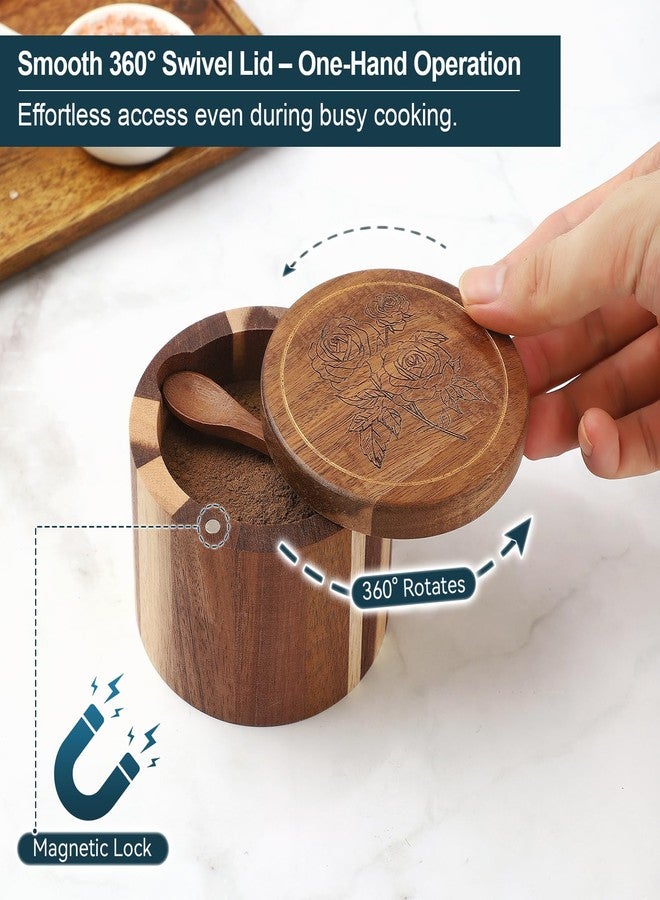 Timtopno Salt Cellar, 2PCS Salt Container Acacia Wood Salt and Pepper Box for Countertop with Built-in Spoon & Swivel Lid, Wood Salt Holder Bowl for Kitchen, Seasoning Storage (Rose & Bird Engraving) - Image 4