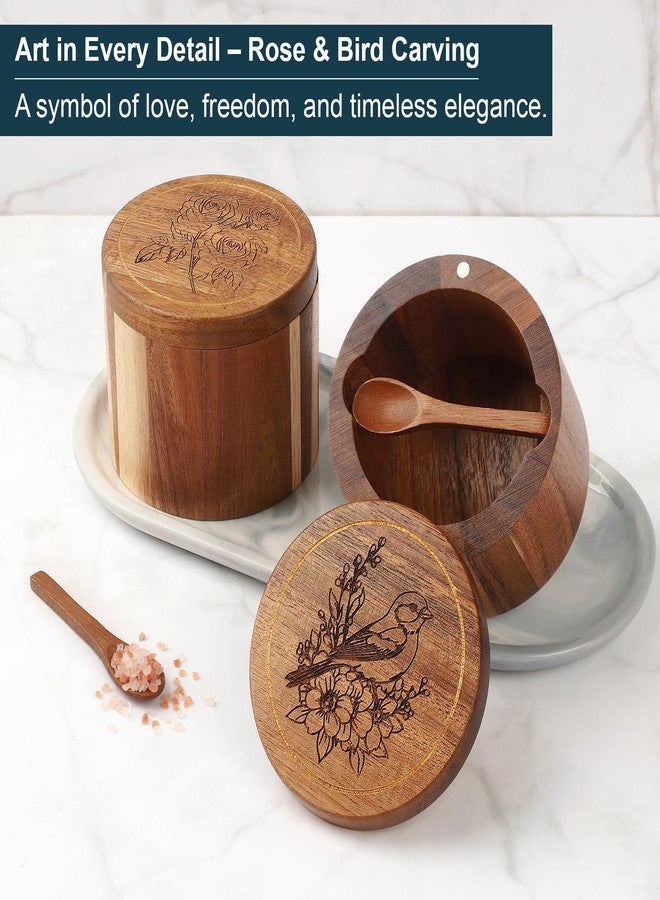 Timtopno Salt Cellar, 2PCS Salt Container Acacia Wood Salt and Pepper Box for Countertop with Built-in Spoon & Swivel Lid, Wood Salt Holder Bowl for Kitchen, Seasoning Storage (Rose & Bird Engraving) - Image 2