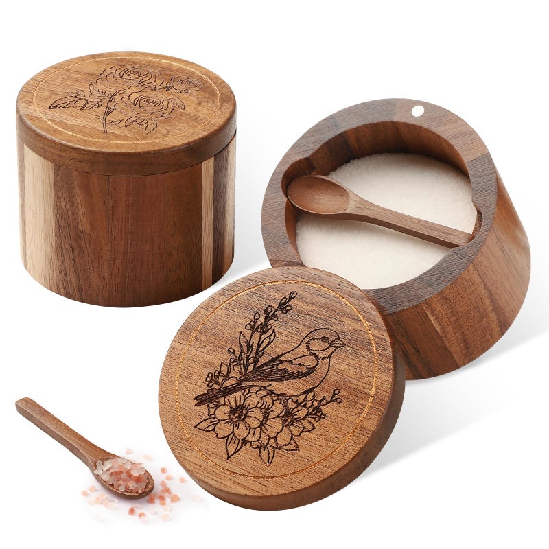 Timtopno Salt Cellar, 2PCS Salt Container Acacia Wood Salt and Pepper Box for Countertop with Built-in Spoon & Swivel Lid, Wood Salt Holder Bowl for Kitchen, Seasoning Storage (Rose & Bird Engraving) - Image 1