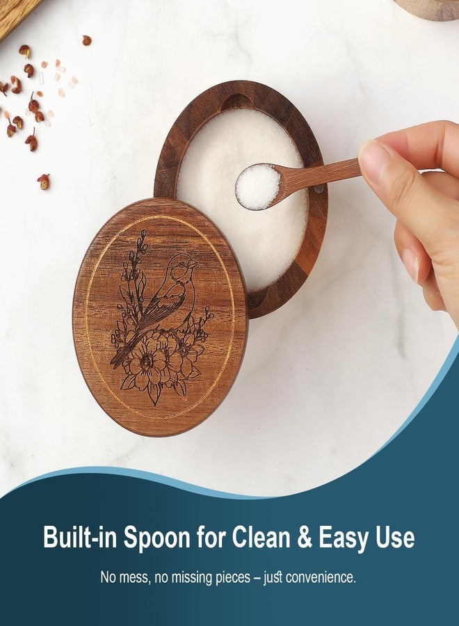Timtopno Salt Cellar, 2PCS Salt Container Acacia Wood Salt and Pepper Box for Countertop with Built-in Spoon & Swivel Lid, Wood Salt Holder Bowl for Kitchen, Seasoning Storage (Rose & Bird Engraving) - Image 3