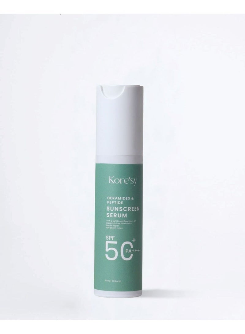 Kore'sy Sunscreen Serum SPF 50 PA++++ with Ceramides & Peptide - High Sun Protection, No White Cast, Antioxidant Sunscreen for Sensitive & Oily Skin, Long-Lasting Defense Against UV - Image 1
