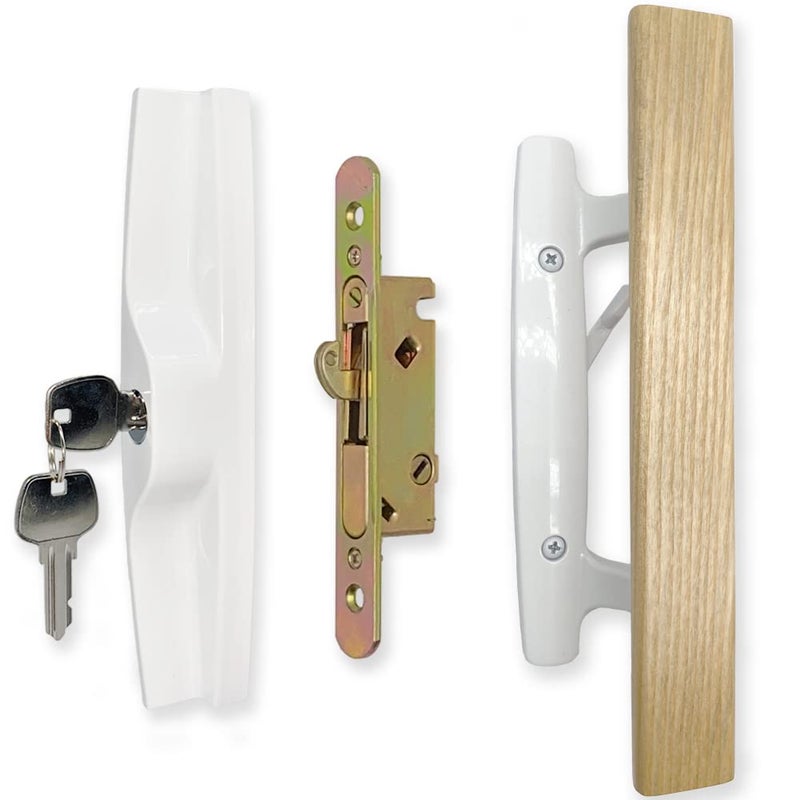 Allywasai Sliding Patio Door Handle Set With Mortise Lock  Key Cylinder And Face Plate  Wood Handle Lock Set Fits Door Thickness From 1-1/2"" To 1-3/4""  3-15/16"" Screw Hole Spacing  White - Image 1