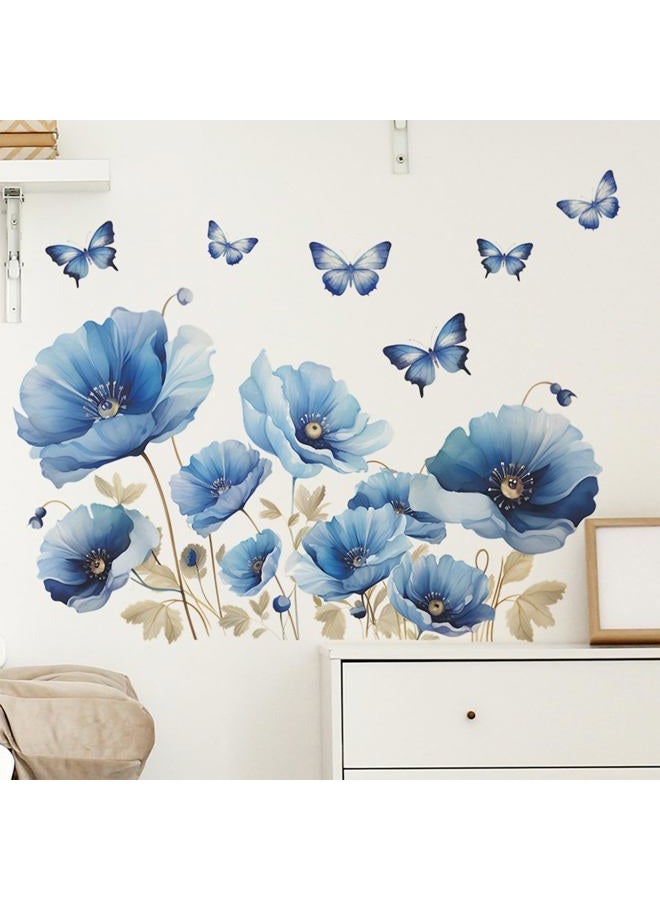 TUOKING Blue Flowers Wall Stickers Removable Butterfly Wall Murals Peel and Stick Wall Art Decal Home Decor for Kitchen,Bedroom,Living Room(fun-c13) - Image 1