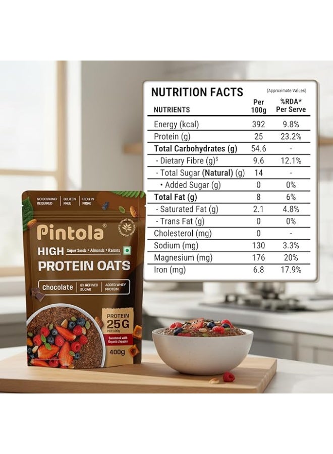 بينتولا **شوفان بينتولا بالشوكولاتة مع إضافة بروتين مصل اللبن 25 جم، 400 جم (عبوة من قطعتين) | 0% سكر مُكرّر | خالٍ من الغلوتين | 8 جم ألياف | مع اللوز والزبيب وبذور اليقطين والشيا | فطور مثالي** - Image 2