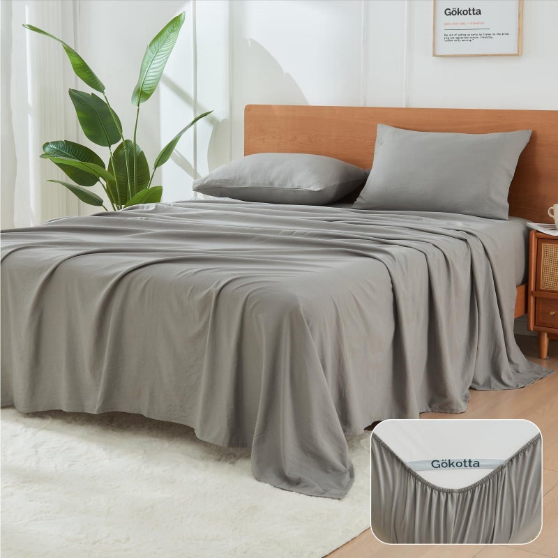 GOKOTTA 4-Pcs Queen Sheet Set  16"" Deep Pocket Queen Sheets with Elastic Corner Straps  Hotel Luxury Ultra Soft Brushed Microfiber Sheets Queen Size Bed Set - Non Slip  Anti-Rip  Easy Care -Light Grey - Image 1