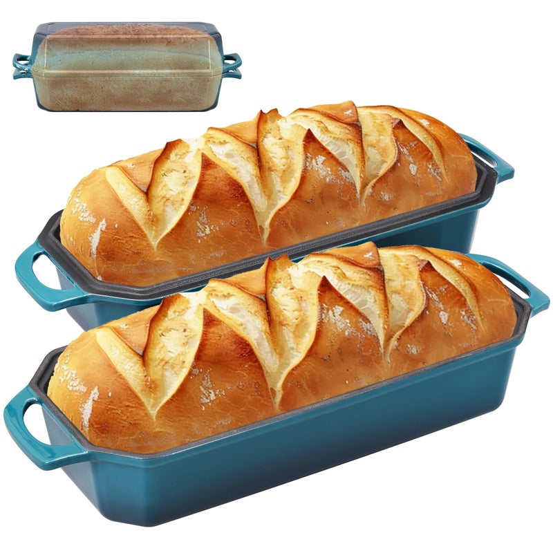 Flavehc Bread Pan Cast Iron Loaf Pan with Lid Bread Loaf Pan 13x5 Inch Enameled Cast Iron Sourdough Bread Pan,DarkCyan - Image 1