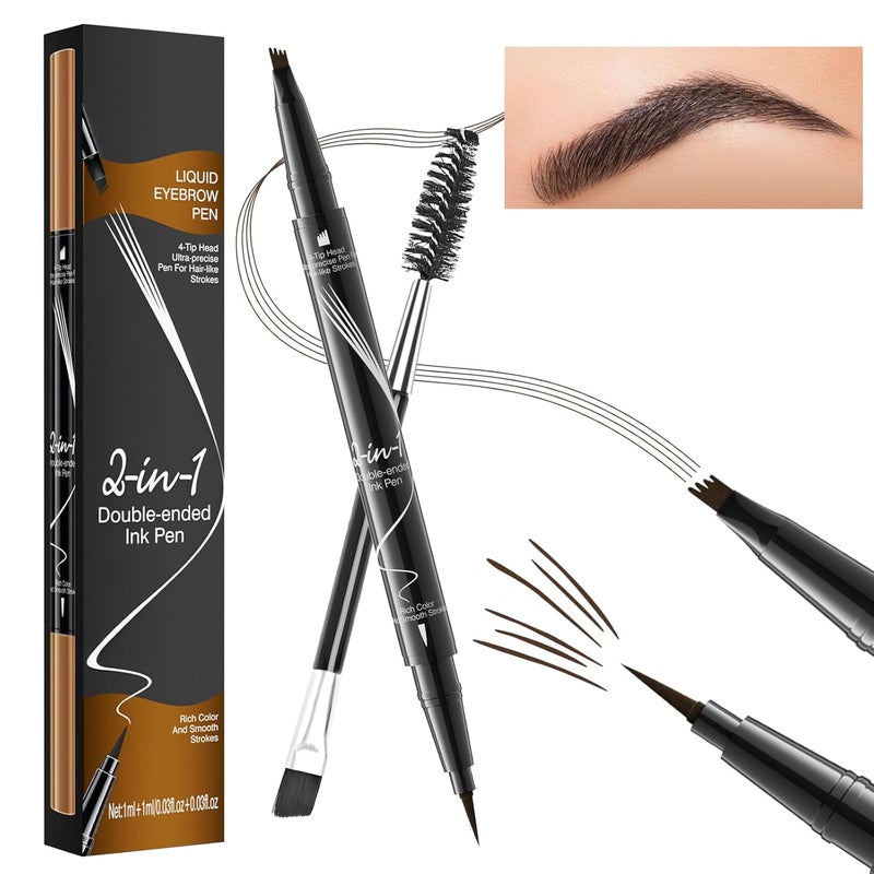 LOKFAR Microblading Eyebrow Pen 2In1 DualEnded Waterproof Eyebrow Pencil with 4ForkTip  UltraPrecise Tip and an Angled Eyebrow Brush Eye Brow Pencils for Women Dark Brown