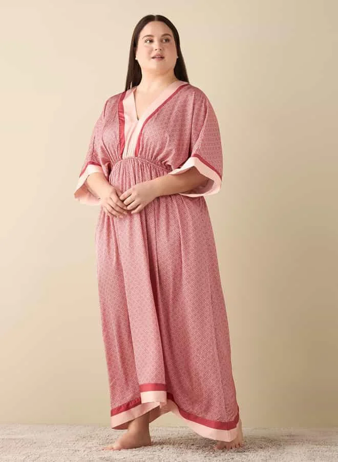 Splash FAV All-Over Print Satin Kaftan Night Gown with V-neck