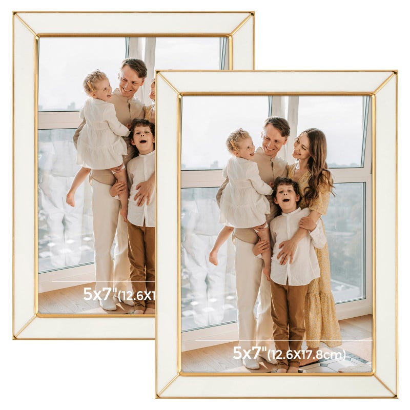 Frametory Enamel Picture Frame - 5x7 Gold Metal Edge White Enamel Picture Frame With Easel and Velvet Back for Tabletop Display, Bookshelf, 5x7 Wall Decoration, Photo Frames-2 Set - Image 1