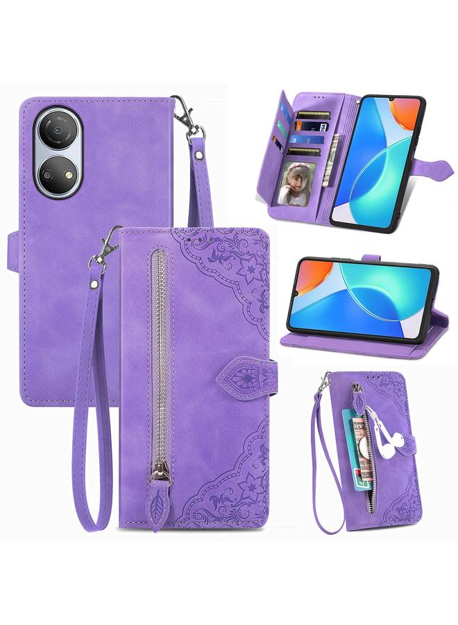 اس-توب جراب هاتف Honor Play 30 Plus مصنوع من الجلد بسحاب ونقشة زهور - Image 1