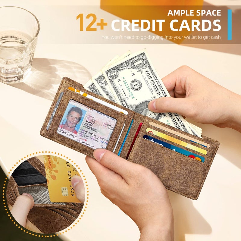 RUNBOX Novelty Wallet for Men Slim 11 Credit Card Holder Slots Leather RFID Blocking Small Thin Men's Wallet Bifold Minimalist Front Pocket Large Capacity Gift Box - Image 2
