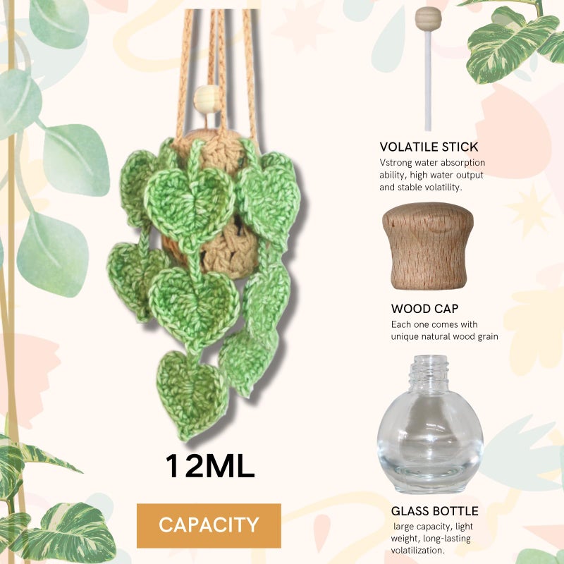ROFIGL Handmade Crochet Hanging Car Air Freshener- Lifelike Green Pothos for Hanging with 12ml Thick Refillable Glass Diffuser Bottle, Suitable Decor for Car Rearview Mirror, Home & Wellness Spaces - Image 4