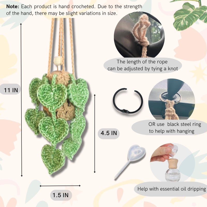 ROFIGL Handmade Crochet Hanging Car Air Freshener- Lifelike Green Pothos for Hanging with 12ml Thick Refillable Glass Diffuser Bottle, Suitable Decor for Car Rearview Mirror, Home & Wellness Spaces - Image 3